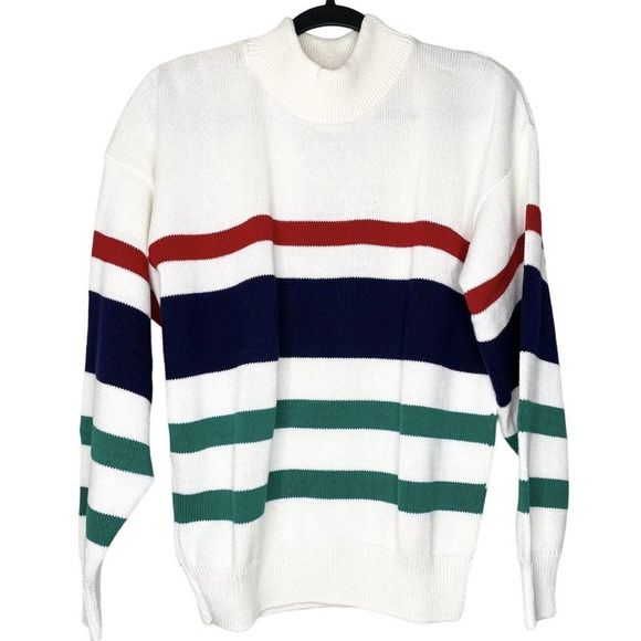 Vintage Lands End NWT 100% Cotton Made In USA Striped Mock Neck Sweater | Size L - Picture 1 of 10